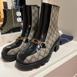Gucci Black and Tan Monogram Heeled Boots